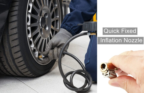 Using Brass Locking Tire Air Chuck with Clip Adapter for inflation, focus on secure clamp and connection to tire valve.