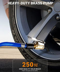 Brass Locking Tire Air Chuck Set For Twist On To Lock On Conversion attached to car tire for hands-free inflation