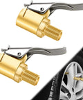 Brass Locking Tire Air Chuck Set For Twist On To Lock On Conversion with hose adapter shown inflating car tire
