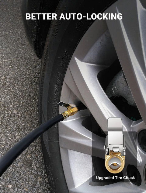 Brass Locking Tire Air Chuck Set For Twist On To Lock On Conversion attached to car tire, leakage-free hose adapter in use