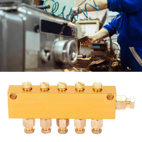 Oil Distributor Adjustable Brass Lubrication System Piston Separator Valve for CNC Machining Centers in machine shop.