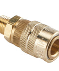 M-Style One Quarter Inch Male NPT Air Quick Connect Coupler for Industrial Use, brass fitting, side view