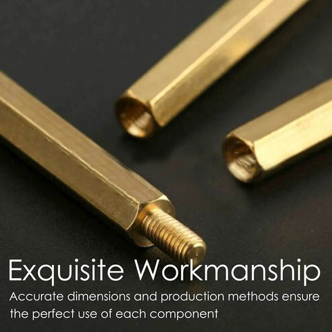 Close-up of brass spacers from 134 Pcs Raspberry Pi Standoffs M2.5 Spacers Screws Nuts Brass Kit With Box showing detail and workmanship.