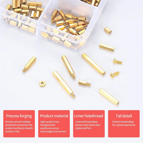 330 Pcs Brass M2 Hex Spacer Standoffs Kit With Screws Nuts Assortment for PCB Circuit Boards shown in open storage box