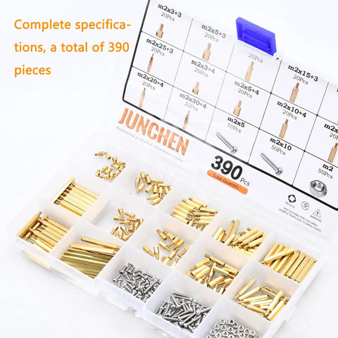 M2 Brass Hex Standoff Kit 390 Piece Assortment for PCB and Computer Projects in labeled storage box showing various sizes.