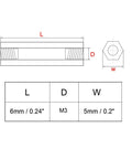 Technical drawing of Brass Hex Standoff Spacer M3 Female Thread, 5mm Hex Width, 6mm Pillar Length for PCBs and electronics use.