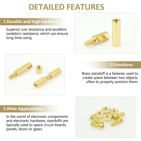 Detailed features of 220 Piece M3 Brass Standoffs Kit With Screws And Nuts, showing brass spacers and hardware applications.