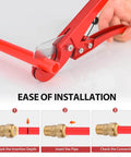 Two Pack Three Quarter Inch Push To Connect Male Adapters For Copper PEX CPVC And PE-RT Pipes With Disconnect Clip Lead Free Brass No Tools Or Soldering 200 PSI 200 Degree F For Potable Water And Hydronic Heating Installations installation guide with steps for connecting red pipe using hand tool.