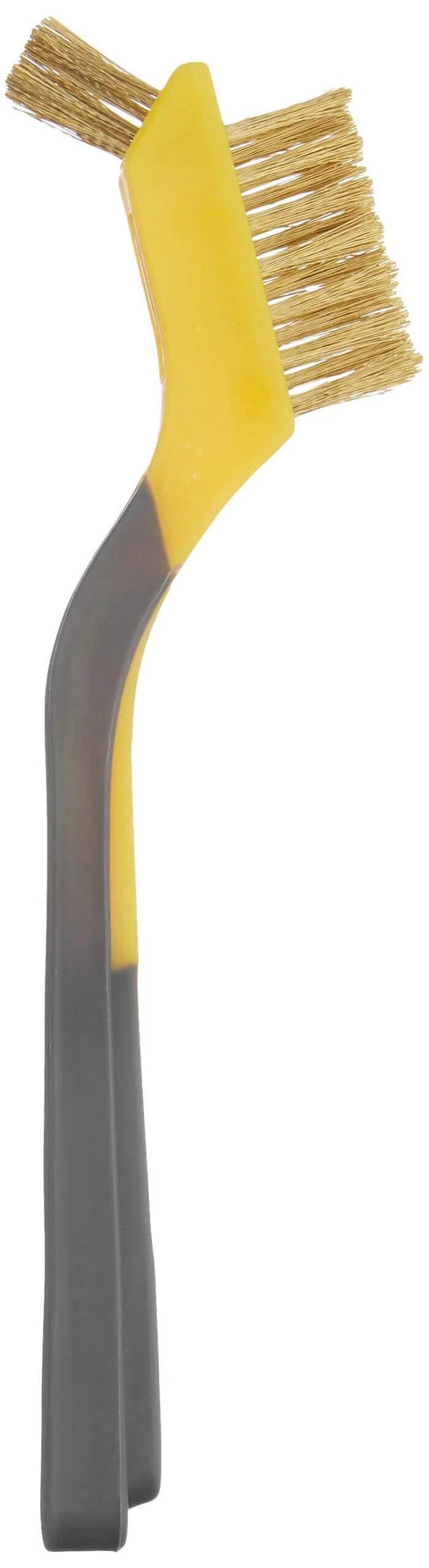 Brass Mini Brushes for Cleaning, Soft Grip, 1/2 inch, Yellow/Grey, 3-Pack, side view showing brass bristles and ergonomic handle.
