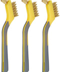 Side view of Brass Mini Brushes for Cleaning, Soft Grip, 1/2 inch, Yellow/Grey, 3-Pack showing wire bristles and ergonomic handles.