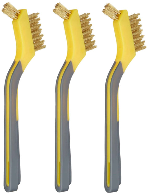 Side view of Brass Mini Brushes for Cleaning, Soft Grip, 1/2 inch, Yellow/Grey, 3-Pack showing wire bristles and ergonomic handles.