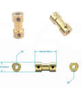 Brass motor shaft couplings 3 to 5 mm, 12 pack, showcasing dimensions, suitable for RC models, M3 threads, 20mm length, 9mm diameter.