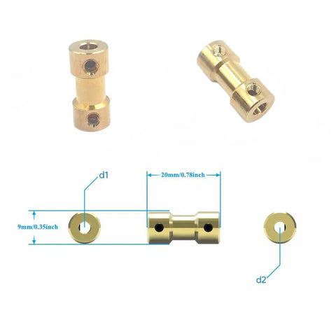 Brass motor shaft couplings 3 to 5 mm, 12 pack, showcasing dimensions, suitable for RC models, M3 threads, 20mm length, 9mm diameter.