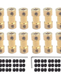 Brass motor shaft couplings 3 to 5 mm, 12 pack, with M3 threads for RC models, shown with screws and allen keys, 20 mm length, 9 mm diameter.