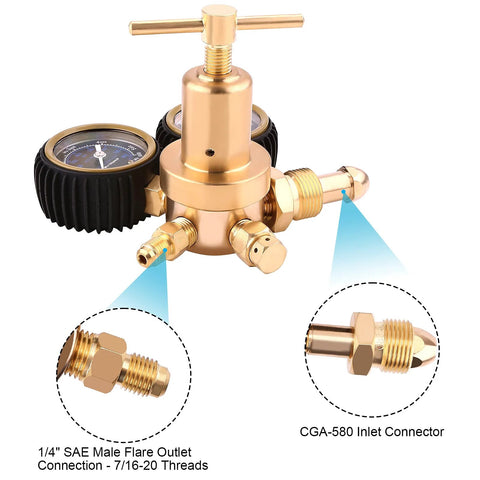 High Performance Nitrogen Regulator With 0-800 PSI Delivery For HVAC Purging, Brass Construction, CGA 580 Inlet, 1/4 Inch Male Flare Outlet