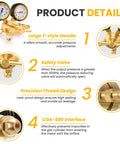 Diagram highlighting features of Durable Nitrogen Regulator With Five Foot Hose And Zero To Six Hundred PSI Delivery Pressure For HVAC Systems Brass Nitrogen Tank Gauge CGA580 Inlet One Quarter Inch Male Flare Fitting Leak Proof High Pressure Regulator With Large T Style Handle.