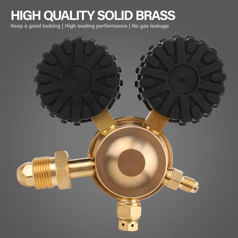 High quality nitrogen regulator HVAC tool in solid brass, features dual gauges for precise inert gas control and safe purging.