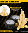 Premium Nitrogen Gas Regulator With Dual Gauges For HVAC Purging, brass construction, showing T-style handle for adjustment.