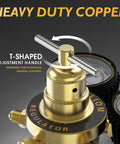 Close-up of Nitrogen Regulator With Six Foot Seven Inch Hose For TIG MIG Welding CGA580 Inlet Connection, featuring brass T-shaped handle.