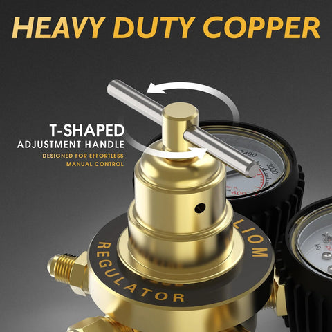 Close-up of Nitrogen Regulator With Six Foot Seven Inch Hose For TIG MIG Welding CGA580 Inlet Connection, featuring brass T-shaped handle.