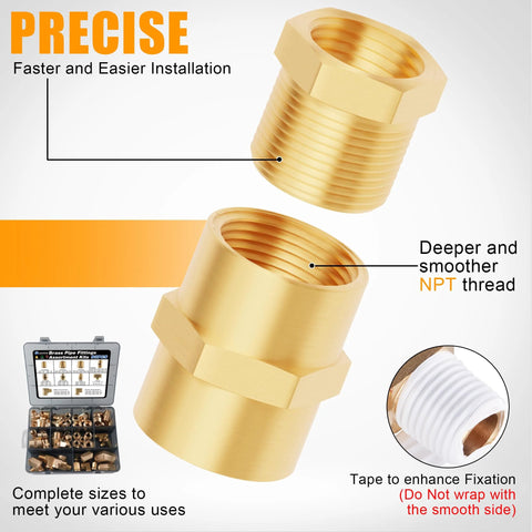 Brass Pipe Fittings Kit 98Pcs Value Pack With NPT Adapters Reducers Hex Nipples for DIY Plumbing Projects