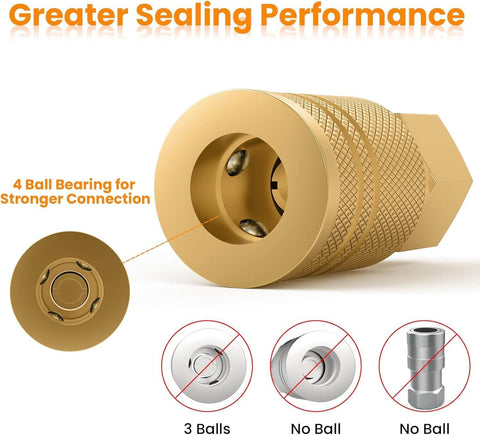 Brass 1/4 Inch NPT Air Coupler Set 5 Pack Quick Connect Fittings For Pneumatic Systems Female Couplers, rust proof, side view.