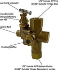 Half Inch NPT All-In-One Combination Pilot Valve Unloader Valve And Check Valve With Throttle Control Cable For Eight To Thirteen Horsepower Gas Powered Air Compressors 140 175 PSI 36 Inch Throttle Cable Included, brass valve with labeled parts