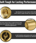 Close-up view of Brass NPT One Half Inch Spring Check Valve Two Pack With Female Threads Backflow Preventer And One Way Valve