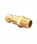 Brass One Quarter Inch NPT Male Air Hose Quick Connect Adapter Kit For Type C Automotive Couplers, shown in profile view.