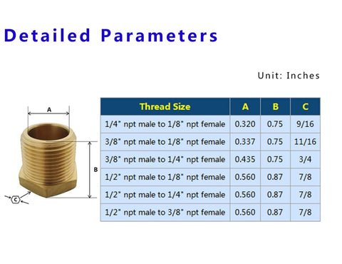 One Half NPT Male To One Quarter NPT Female Brass Bushing Reducer Pipe Fitting size chart and illustration