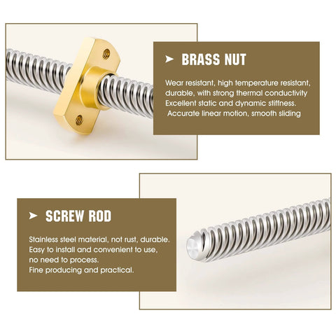 Brass nut and stainless steel screw rod, 2pc tr8x8 365mm leads screw with t8 brass nut, 3d printer upgrade compatible with Ender 3 V2