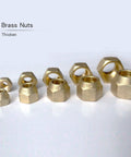 Brass flared nuts for 16 Ft Mini Split Line Set With 1/4 In And 3/8 In OD Copper Tubing, showing varying sizes for HVAC systems.