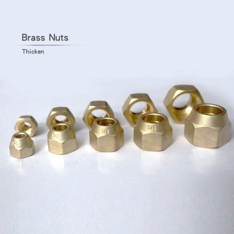 Brass flared nuts for 16 Ft Mini Split Line Set With 1/4 In And 3/8 In OD Copper Tubing, showing varying sizes for HVAC systems.