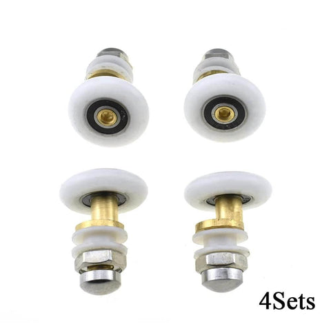 4 sets of 20mm diameter brass shower door wheels with nylon rollers, stainless steel screws, and ball bearings for smooth glide.