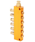 Adjustable Oil Distribution Manifold Block Brass Valve for Automatic Lubrication Pump with six outputs visible, brass material.