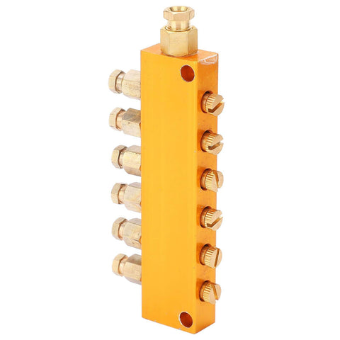 Adjustable Oil Distribution Manifold Block Brass Valve for Automatic Lubrication Pump with six outputs visible, brass material.