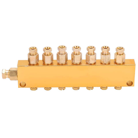 Industrial Brass Heavy Duty Oil Distributor With Adjustable Lubrication System And Divider Valve For Precise Flow Control In CNC Machines Production Lines Forging Equipment And Metalworking Tools 1 In 7 Out, front view