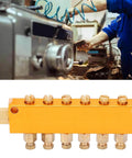 Adjustable Brass Oil Distributor with Piston Separator Valve for CNC Machining Centers, Six Outlet Lubrication System Shown in Use