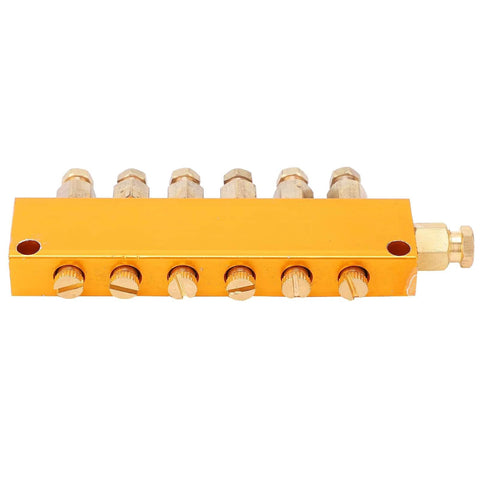 Adjustable Oil Distribution Manifold Block Brass Valve for Lubrication, Five or Six Way Output, Heavy Duty Machinery Use, Front View