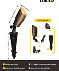 Warm White Die Cast Brass Outdoor Spotlight For Landscape Lighting 12V Low Voltage MR16 LED Bulb 2700K 450LM CRI 85 Plus 5W Directional Garden Patio Up Light COLOER 101B with accessories and dimensions