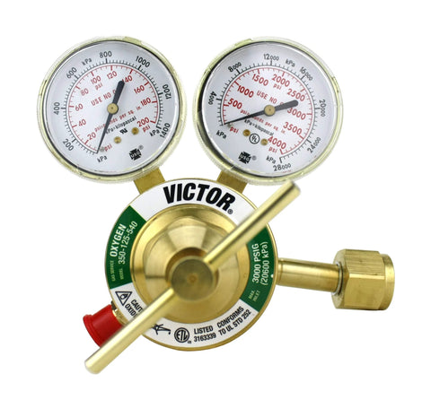 Beefed-Up Heavy Duty Oxygen Regulator 350-125-540 CGA-540 Full Brass Construction with dual gauges for precise flow control by Victor.