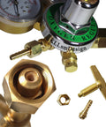 Close-up of Heavy Duty Oxygen Regulator for Welding and Cutting Torch Kit in Full Brass with Large Tank Gauges, CGA 540 fittings
