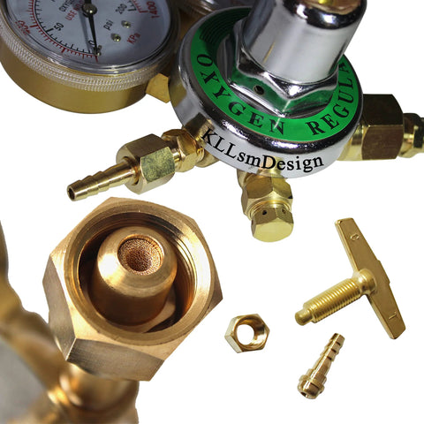 Close-up of Heavy Duty Oxygen Regulator for Welding and Cutting Torch Kit in Full Brass with Large Tank Gauges, CGA 540 fittings