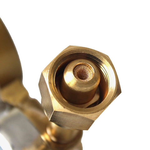 Close-up of Heavy Duty Oxygen Regulator for Welding and Cutting Torch Kit in Full Brass, CGA 540 fitting