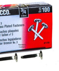 Box of ACCO 71703 brass three quarter inch paper fasteners with self piercing prongs, plated finish, 100 count.