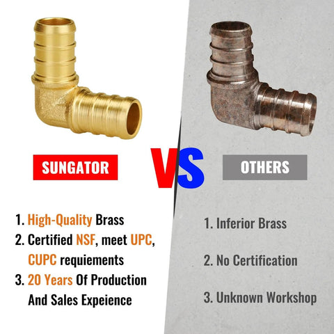 Comparison of Sungator One Half Inch Pex Fittings 25 Pack 90 Degree Elbows Lead Free Brass with uncertified brass fitting