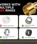 Pex Fittings Three Quarter Inch Male NPT To Three Quarter Inch Pex Male Adapter Heavy Duty Brass Crimp Fittings image with various compatible PEX rings shown in a grid.