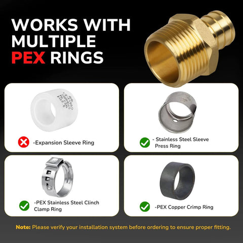 Pex Fittings Three Quarter Inch Male NPT To Three Quarter Inch Pex Male Adapter Heavy Duty Brass Crimp Fittings image with various compatible PEX rings shown in a grid.
