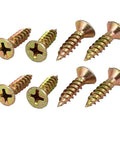 Gold-tone screws for window pulley installation, set of eight, with flat head and cross slot design, view from above
