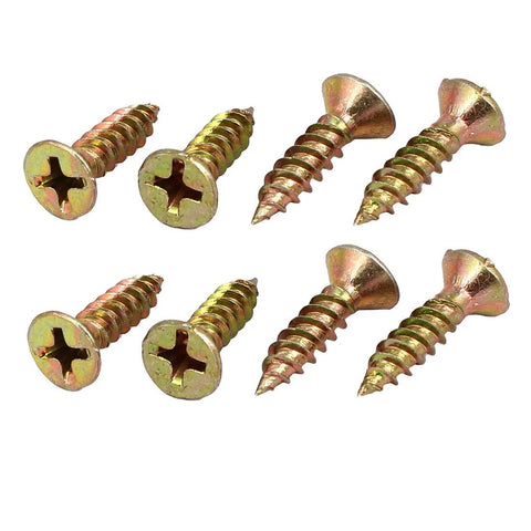 Gold-tone screws for window pulley installation, set of eight, with flat head and cross slot design, view from above